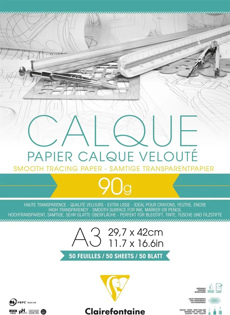 Papier calque A3 anti-bavure pour plans et tracés nets, bloc de 50 feuilles