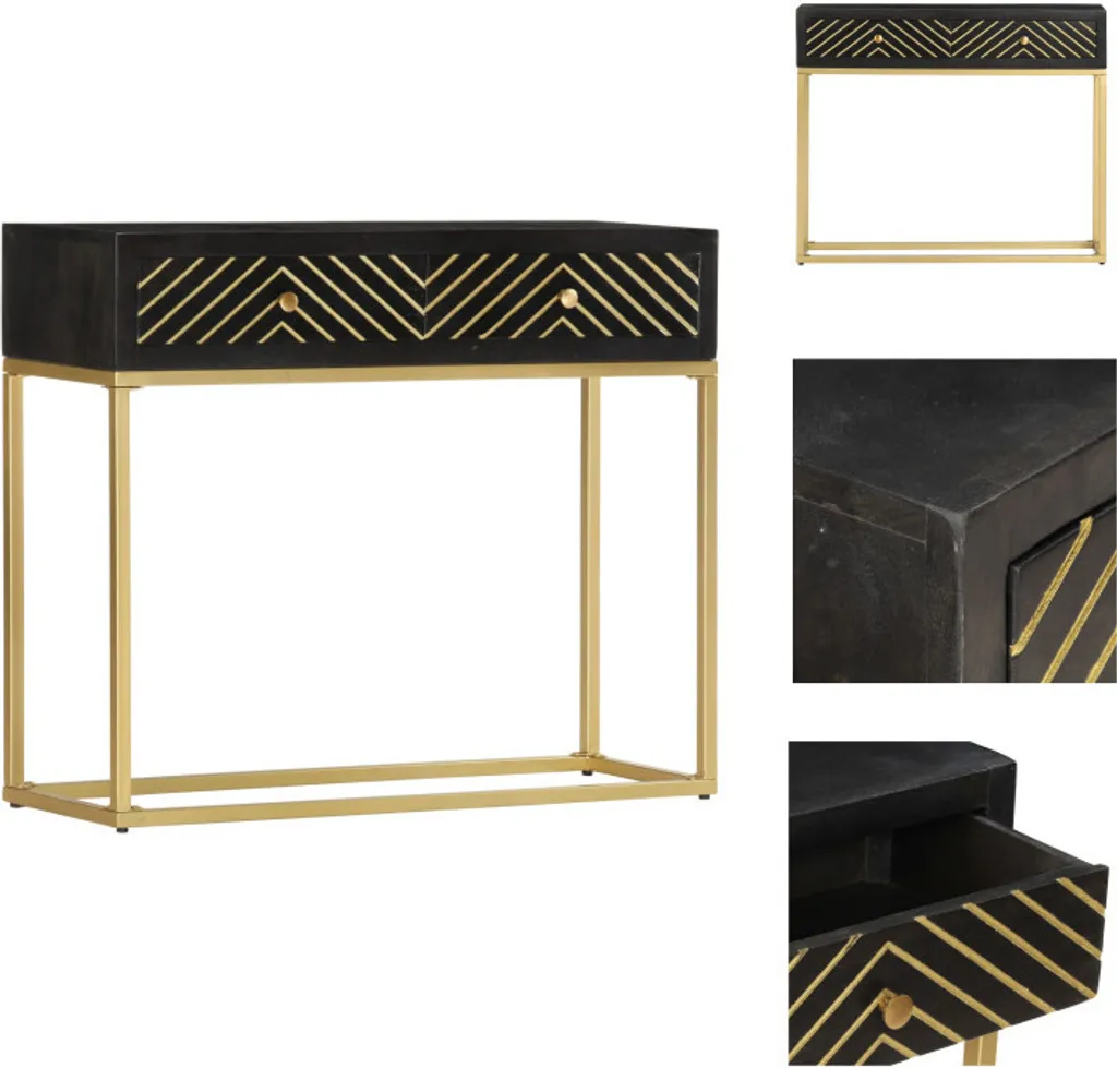 Console d'Entrée Design Industriel Noir et Or en Manguier 90x30x75 cm
