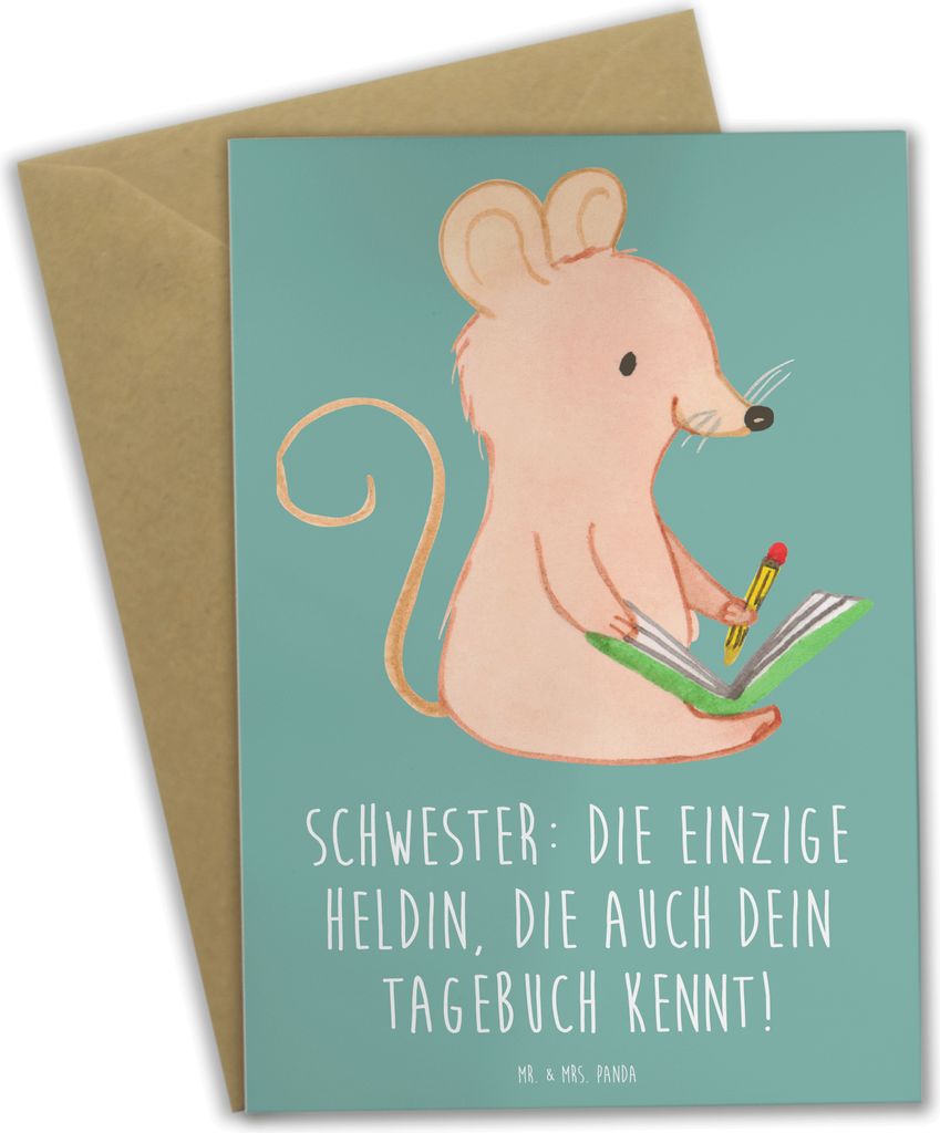 Mr. & Mrs. Panda Klappkarte Schwester Heldin - Meeresbrise - Geschenk, weihnachtskarten, osterkarten, einladungskarten, liebevoll, Jubiläen, Gesch...