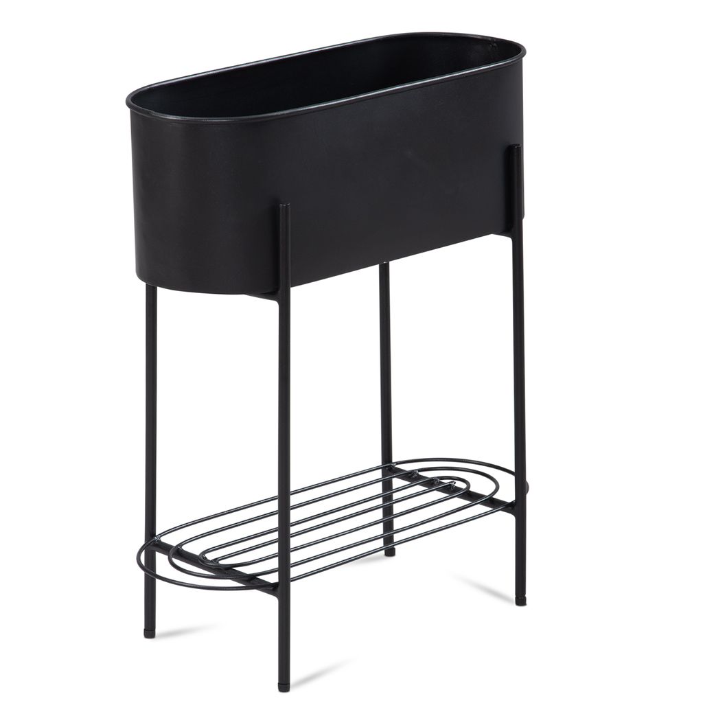 Pflanzgefäß Metall 51x65x22 cm Pflanzkübel Schwarz mit Gestell und Ablage, Design Pflanzenkübel Blumenkasten Indoor, Blumenkübel Blumentopf Re...
