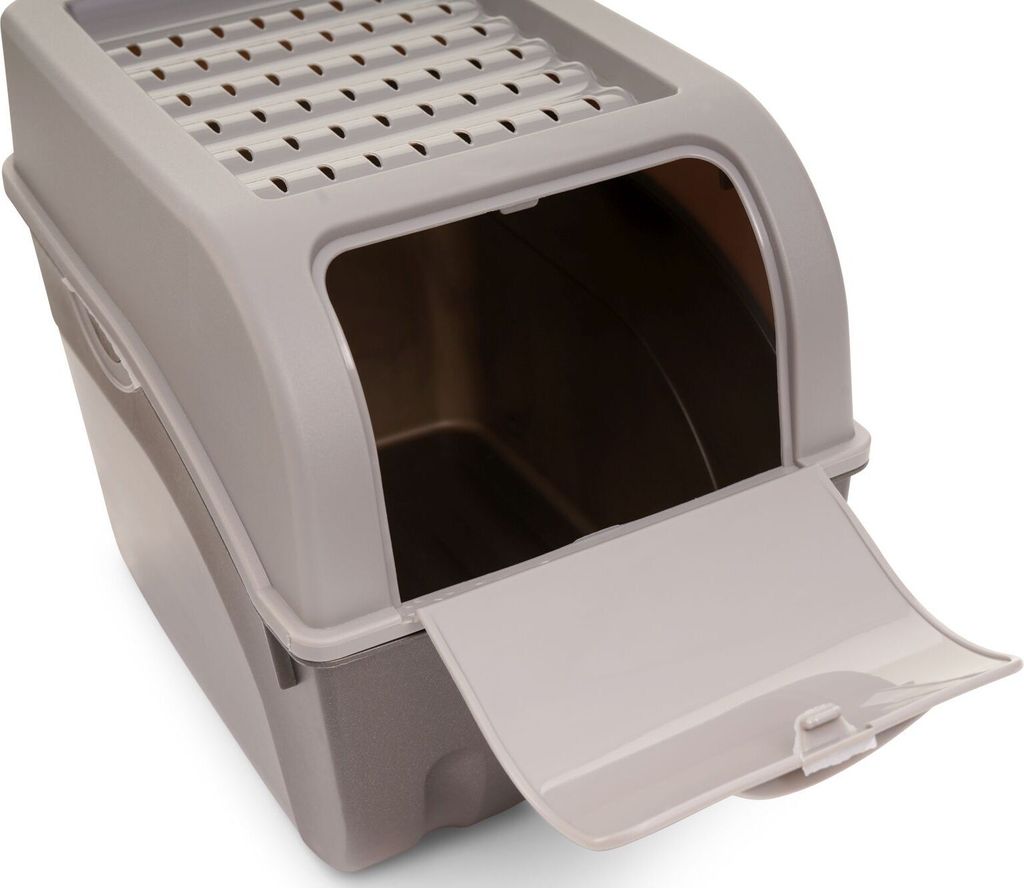 A close-up, studio shot of a gray plastic cat litter box with the front door open.