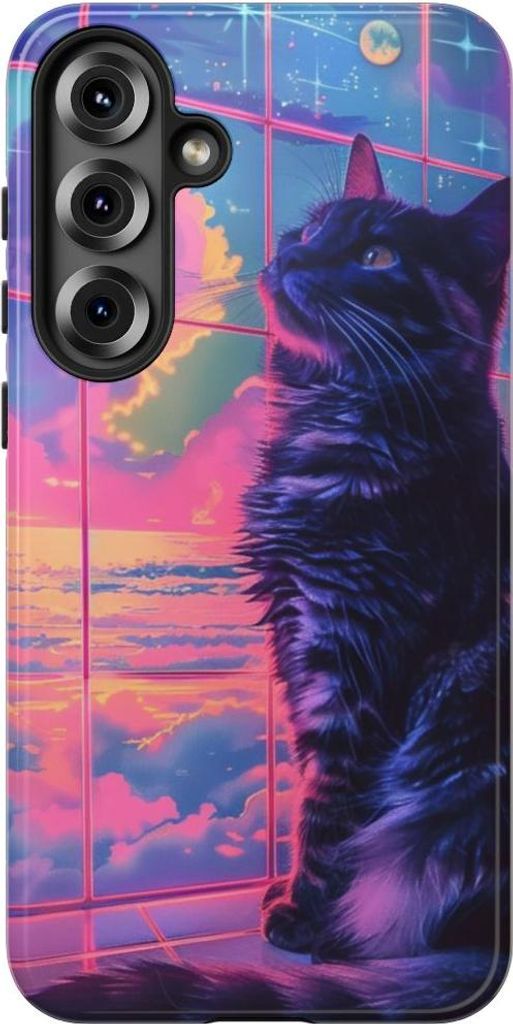 Lofi-Vaporwave-Katze vor Neonhimmel – Hülle Kompatibel mit Samsung Galaxy S25 Plus
