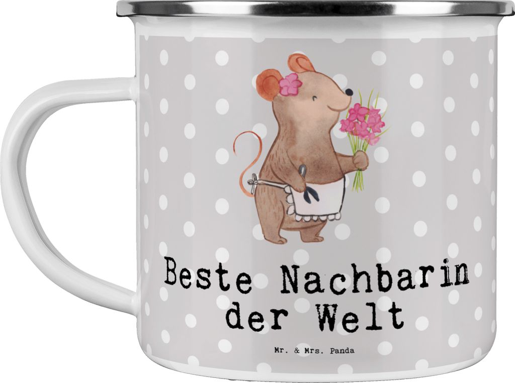 Mr. & Mrs. Panda Pott Maus Beste Nachbarin der Welt - Grau Pastell - Geschenk, wandertasse, Dankeschön, Geschenkidee, emaillebecher, Reisebecher, ...