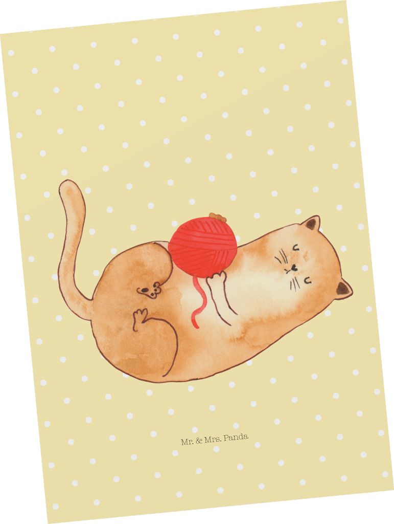 Mr. & Mrs. Panda Postkarte Katze Wolle - Gelb Pastell - Geschenk, bildkarte, Grußkarte, Postkarten, Ansichtskarte, Putzig, Cat, Cats, Spielen, Kat...