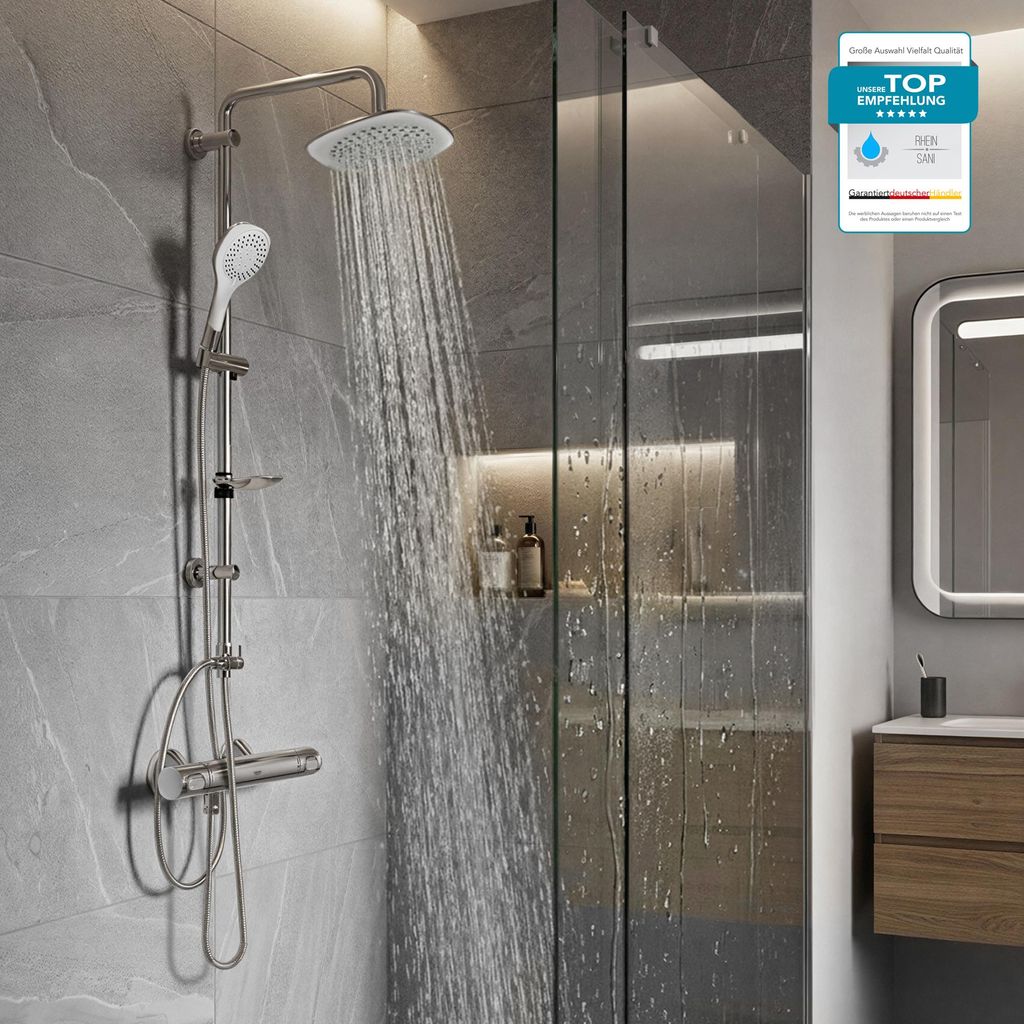 GROHE Duscharmatur Precision Flow, Duschsystem mit BELVIT Regendusche, Duschstange, Handbrause & Seifenhalter, 3 Strahlarten mit Sicherheitssperre