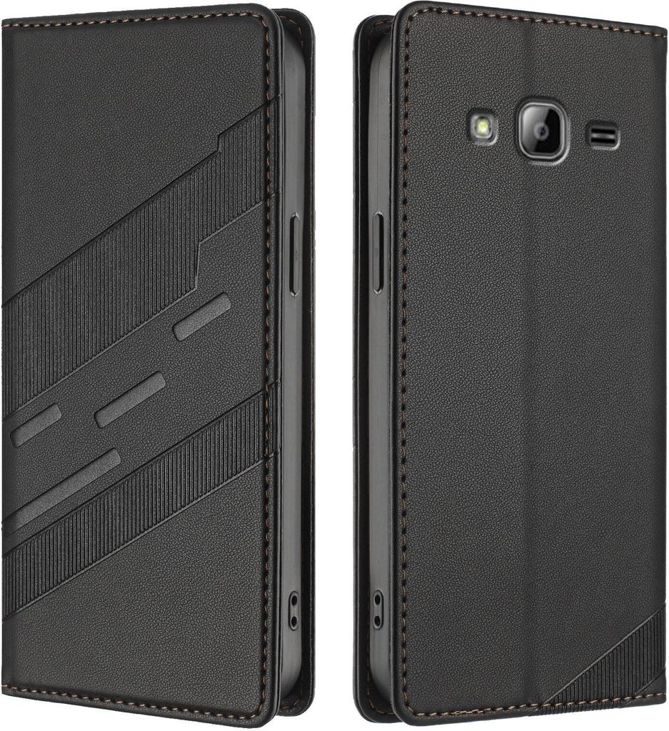 Hülle für Samsung Galaxy J3 2016, Kunstleder Brieftaschen Handyhülle mit Kartenfach und Standfunktion Schwarz