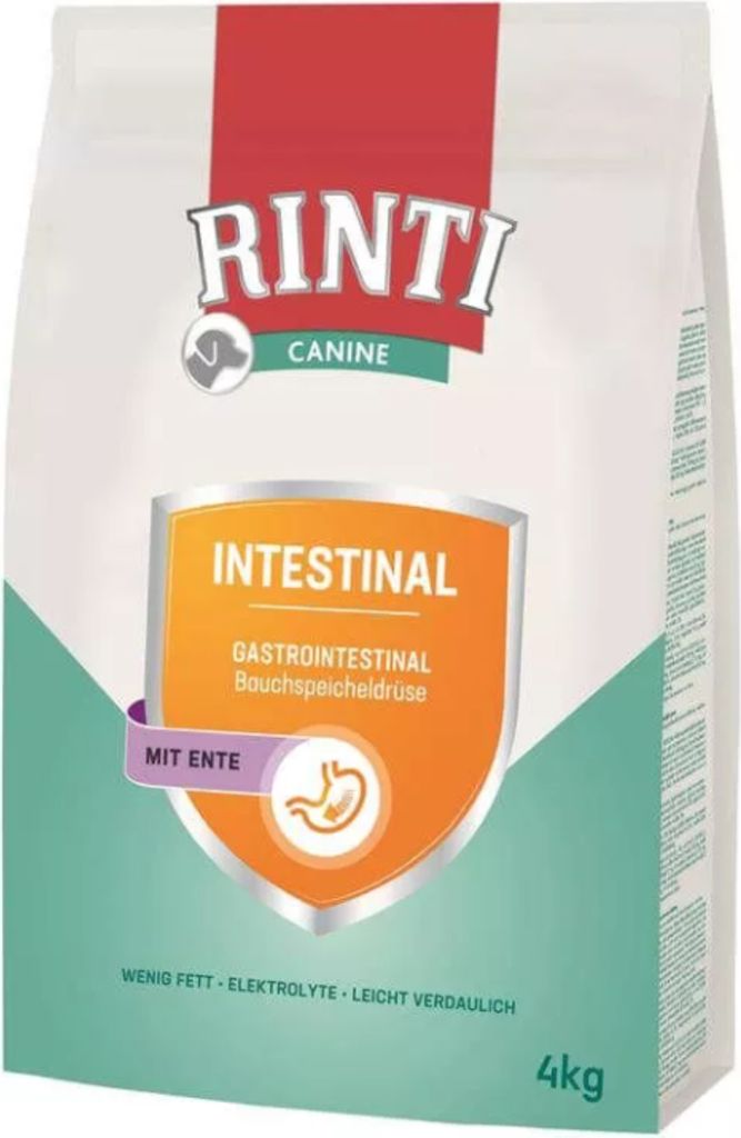 A bag of Rinti Canine Intestinal dog food.