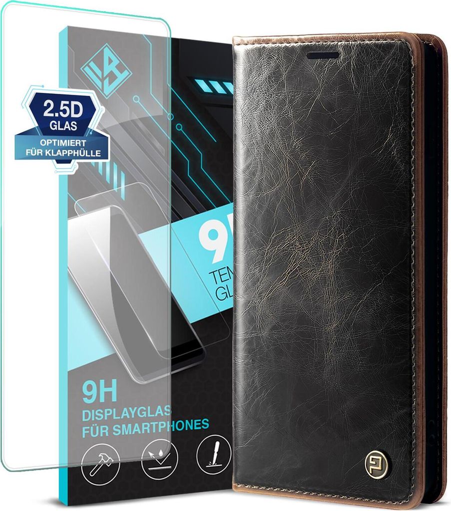 Handyhülle für Samsung Galaxy S22 mit 9H Displayglas Kunstleder Flip Vintage Cover Hülle RFID Schutz Case Kartenfach Farbe: Dunkelbraun