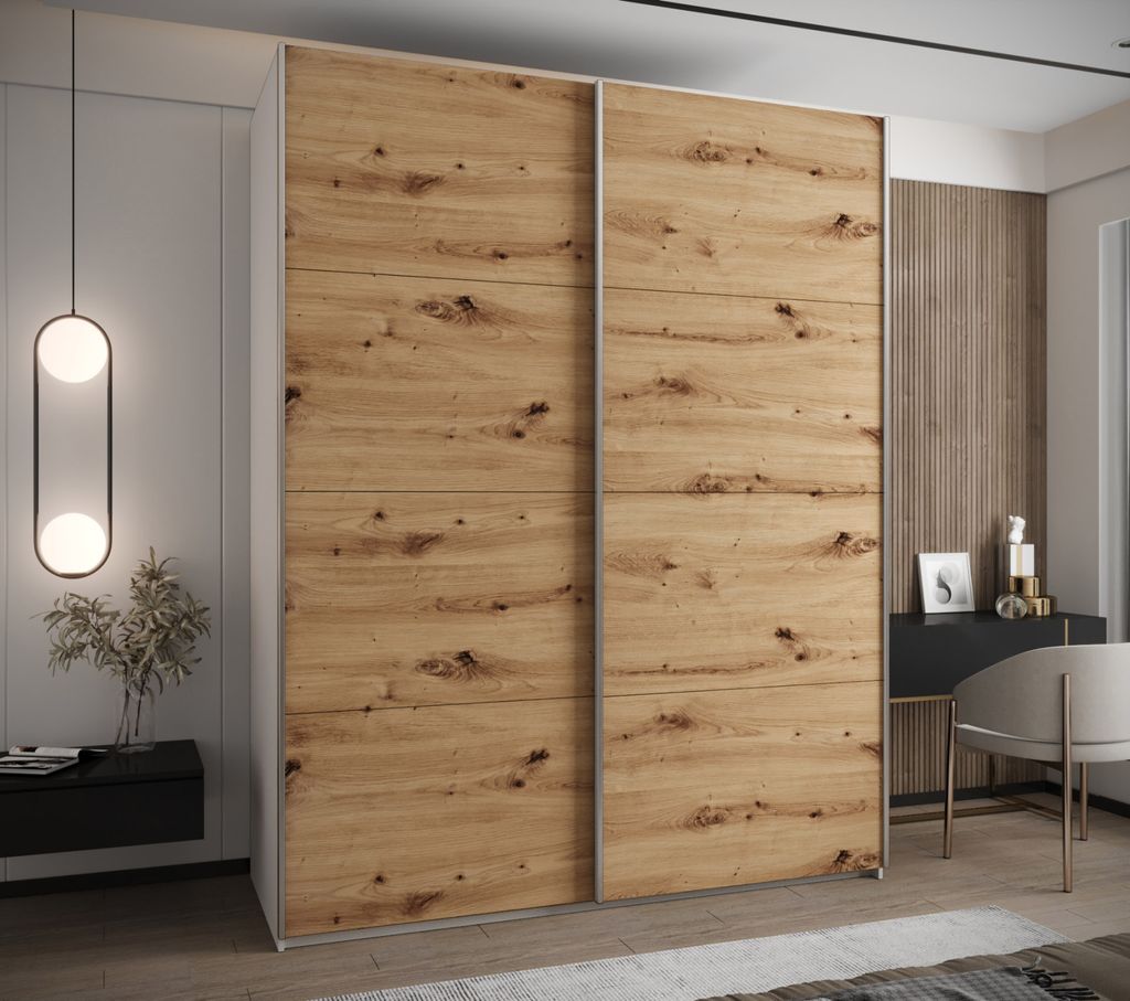 Zweitüriger Kleiderschrank SAMARA 1 – 190 cm, weiß/Eiche handwerklich/silber