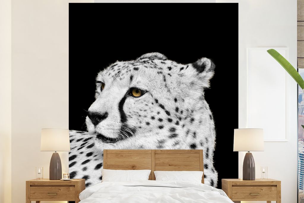 MuchoWow Fototapete für Wohnzimmer oder Schlafzimmer Wandtapete Vinyl Motivtapete Leopard - Weiß - Schwarz - 225x280 cm - Wohnzimmer tapete