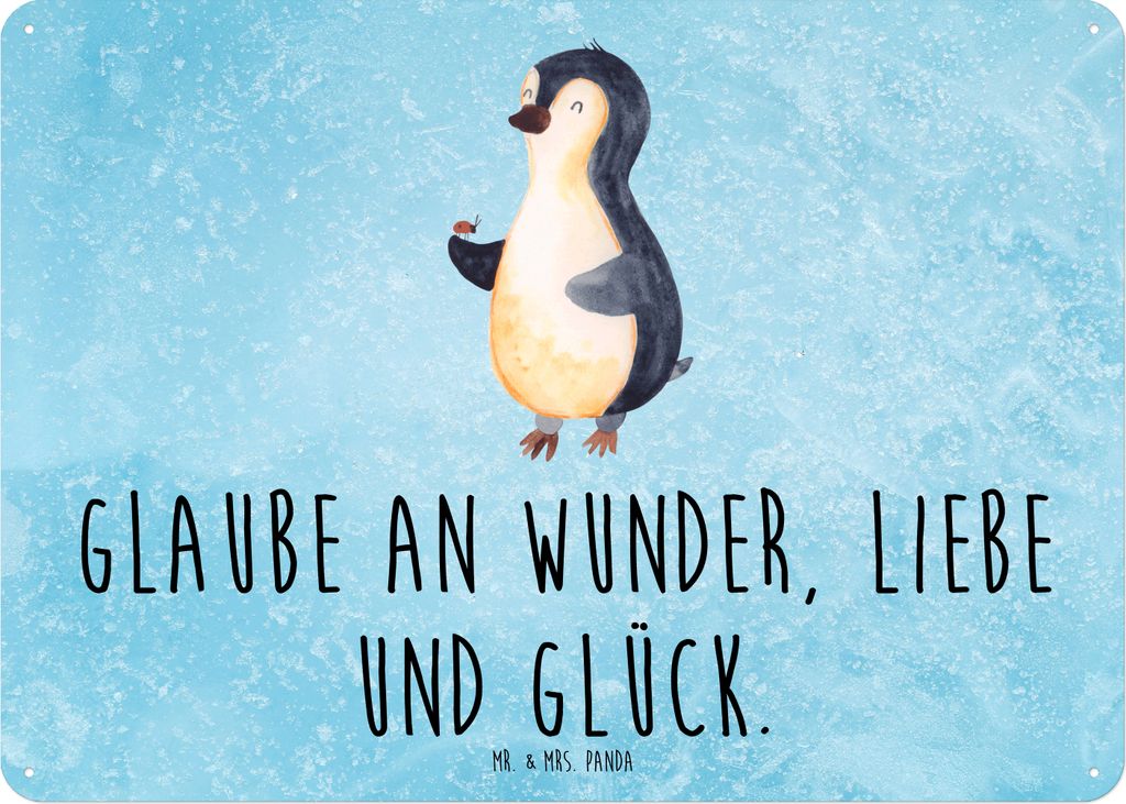 Mr. & Mrs. Panda tafel Pinguin Marienkäfer DIN A6 - Eisblau - Geschenk, wandtafel, Türschild, Wandbild, Kleine Wunder, Retro Blechschild, Freude,...