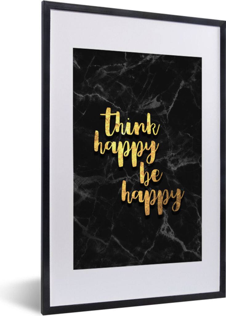 MuchoWow Gerahmtes Poster Zitat - Glücklich - Gold - Marmor 40x60 cm - Poster mit Schwarzem Bilderrahmen Wandposter Rahmen Foto Bilder - Poster ...