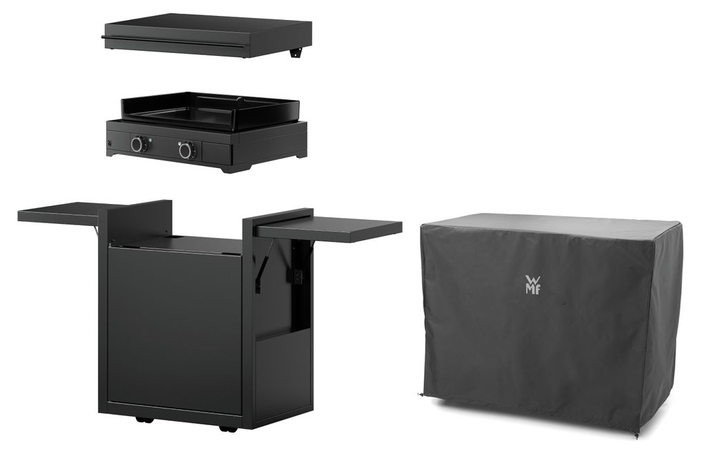 WMF Plancha Set 60E mit Plancha Grill elektrisch / Planchadeckel / Planchawagen / Abdeckhaube, 3200 W, 75 x 99.5 x 63 cm, Stahl / Gusseisen / Alumi...