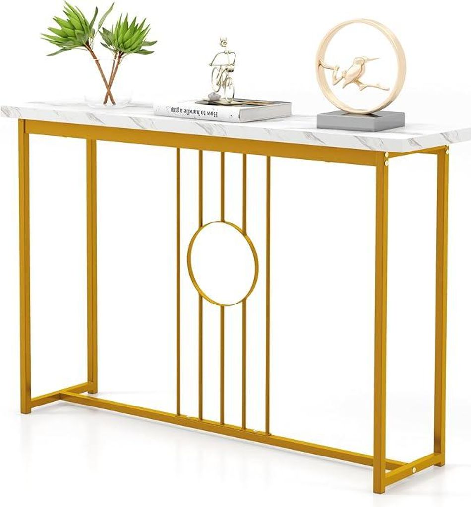 A narrow console table with a marble-look top and gold metal frame.
