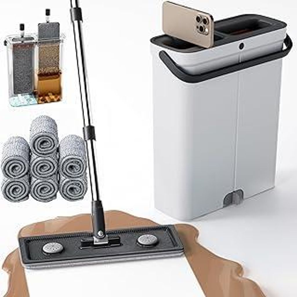 Kompakter Wischmopp Set mit Eimer – Freihändiger Flachwischer für Nass- und Trockenreinigung | Ideal für Wohnung, Haus, Wohnmobil, Fenster & W...