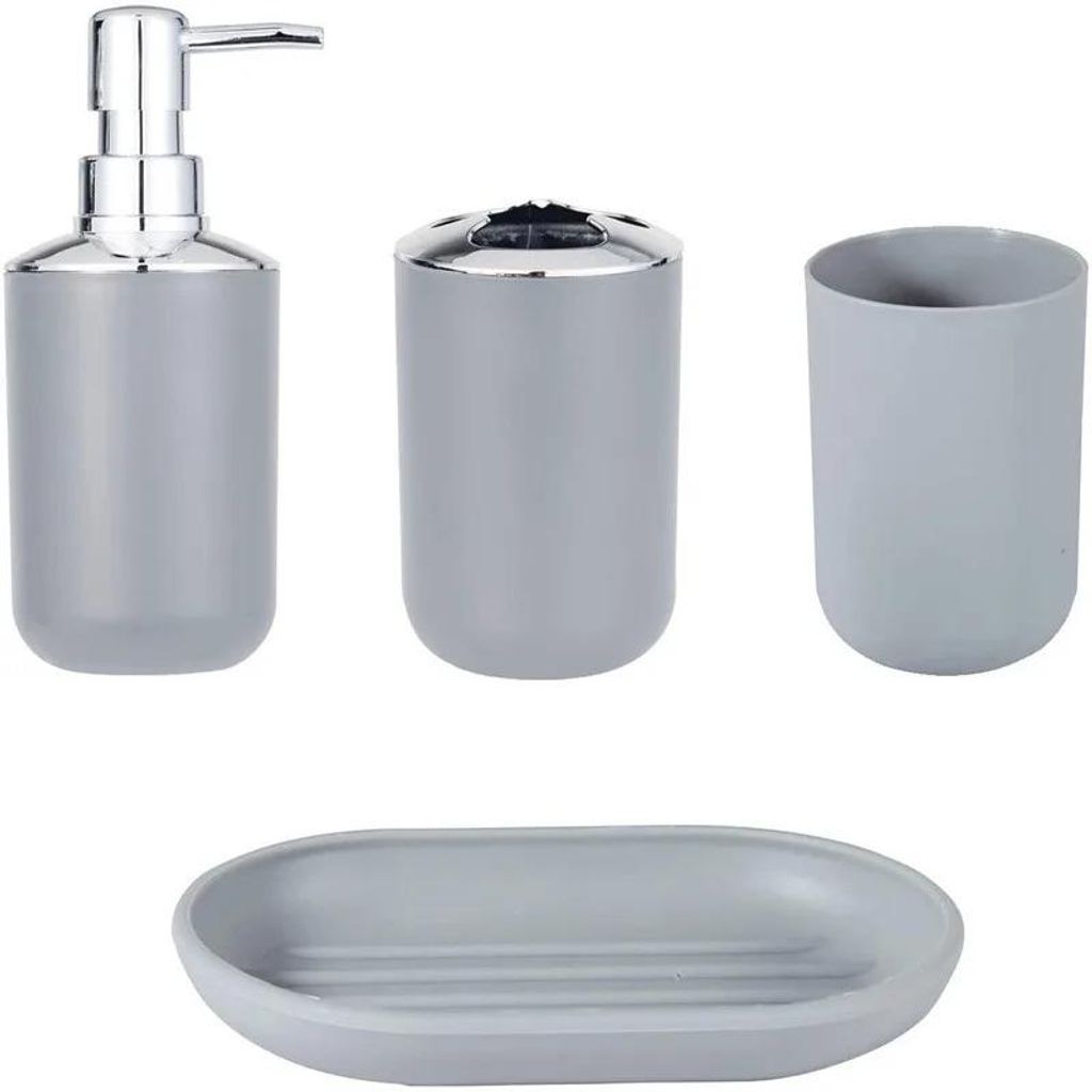 Badezimmer Zubehör Set Grau 4-teilig Seifenspender Seifenschale Zahnbürstenhalter Becher Waschbecken Set Bad WC Aufbewahrung Toilette