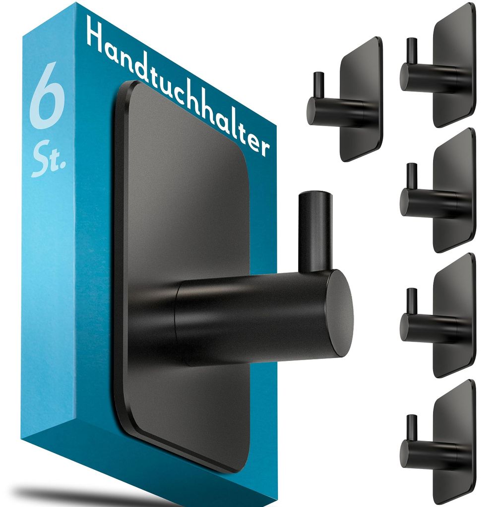 Bohrfreies Handtuchset, 6-teilig, schwarz – Handtuchhalter aus Edelstahl für das Badezimmer, wasserfeste Klebehaken, langlebige Haken für das B...