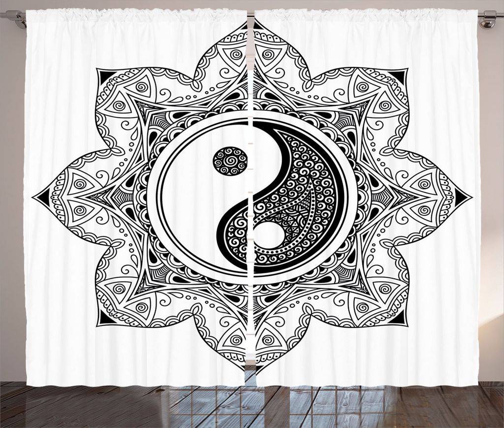 ABAKUHAUS Zen Rustikaler Gardine, Mehndi Mandala Blumenkunst, Schlafzimmer Kräuselband Vorhang mit Schlaufen und Haken, 280 x 225 cm, Schwarz Weiss