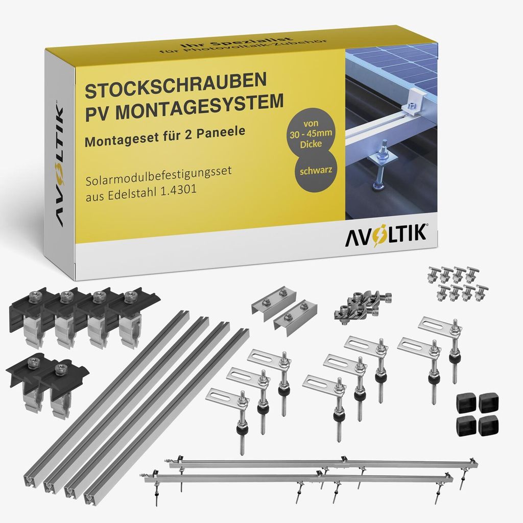 Avoltik Stockschrauben Blechdach PV Montagesystem Befestigung für 2 Paneele in Schwarz