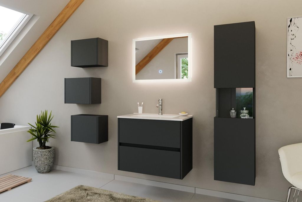 Badmöbel Set Taifun 4tlg. 70cm mit LED Spiegel 3er Boxen & Hochschrank Grafit : Grafit Varianten: Grafit