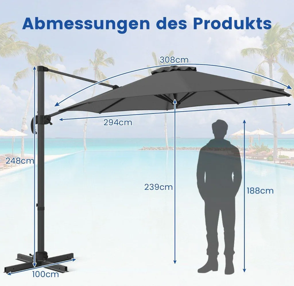 Parasol d'extérieur 300 cm déporté - Rotation 360° et inclinaison réglable