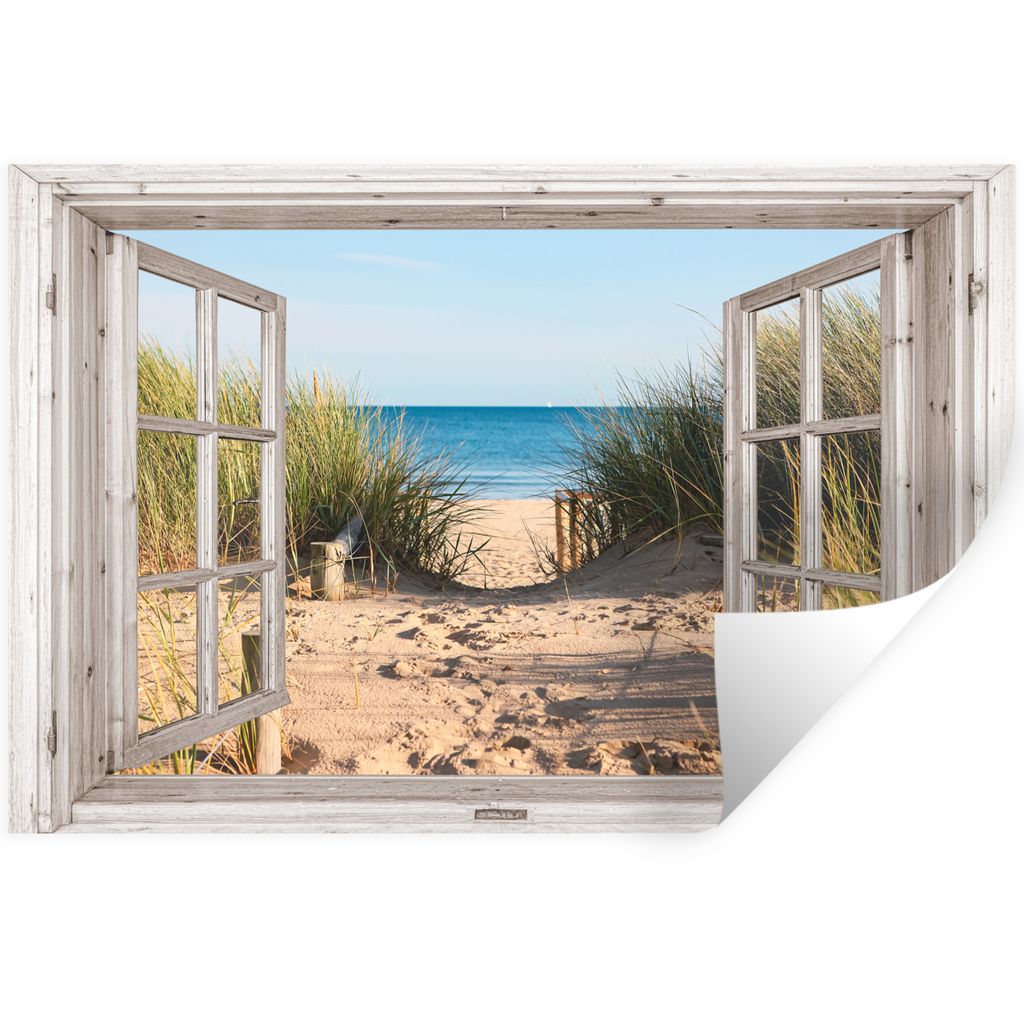 MuchoWow Wandtattoo Wandsticker Wandaufkleber Durchblick - Strand - Meer - Dünen - Sand - Wasser - Hochgras 60x40 cm Selbstklebend und Repositio...