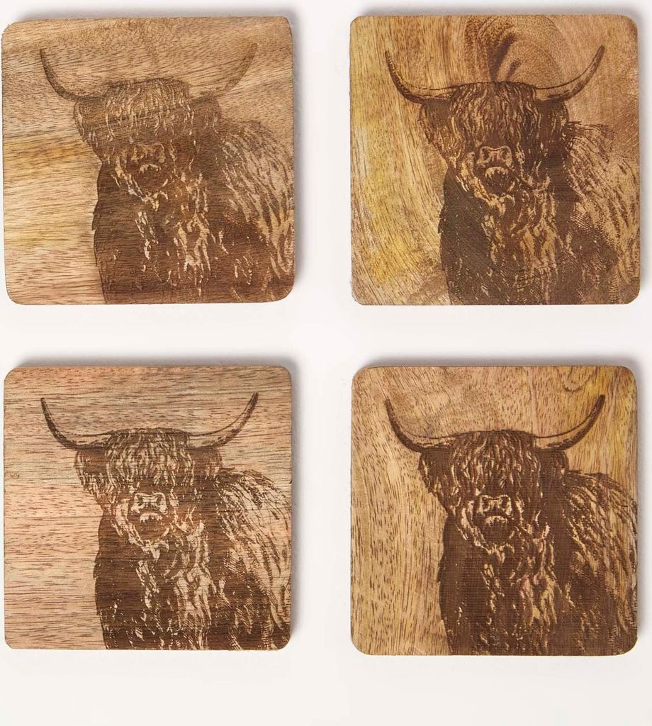 HOMESCAPES 4er-Set Holz-Untersetzer 10 x 10 cm, Motiv: Schottisches Hochlandrind