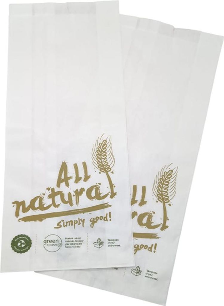 1000 Bäckerfaltenbeutel 433 20+7x42 cm Kraftpapier weiß Motiv „All Natural“