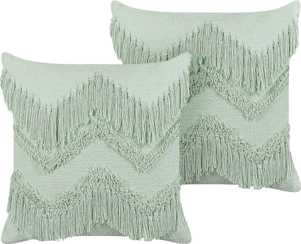 Set 2 Cuscini Boho Beliani 45x45 Verde Chiaro Cotone con Nappe Eleganti