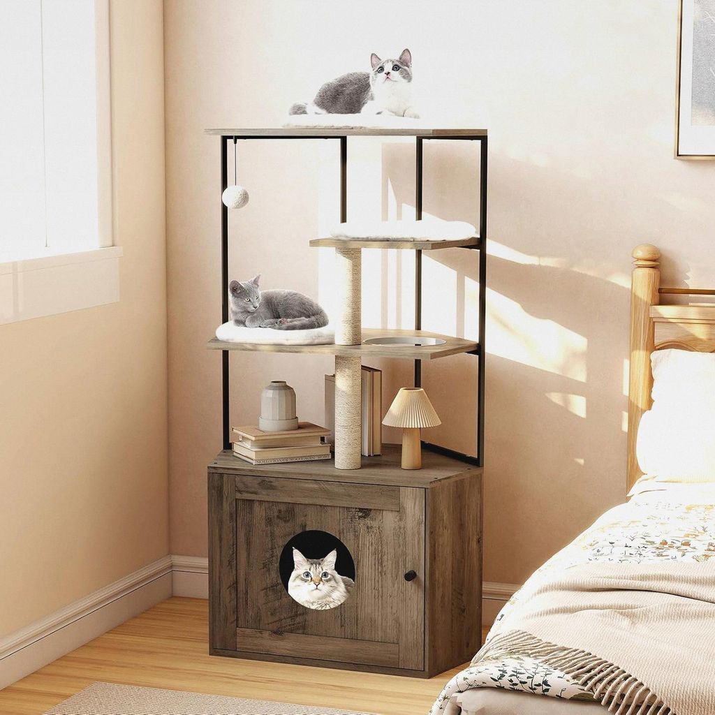 Katzenhaus mit Katzenklo-Schrank, Eck-Kratzbaum für Katzen, Katzenschrank mit 2 Sisal-Kratzpfosten, 3 weichen Kissen, hängendem Ball & Höhle, In...