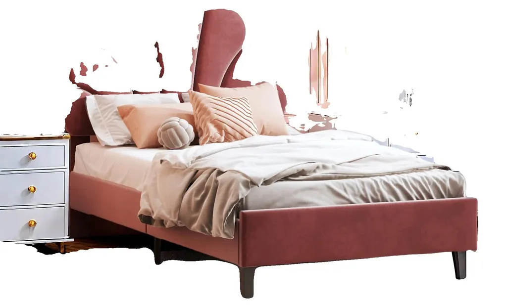 Lit en velours marron 90x200 cm avec tête de lit fleurie modèle Éléonore