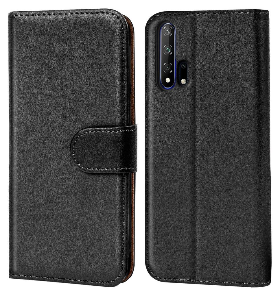 A black flip case for a smartphone is shown from the front and back.