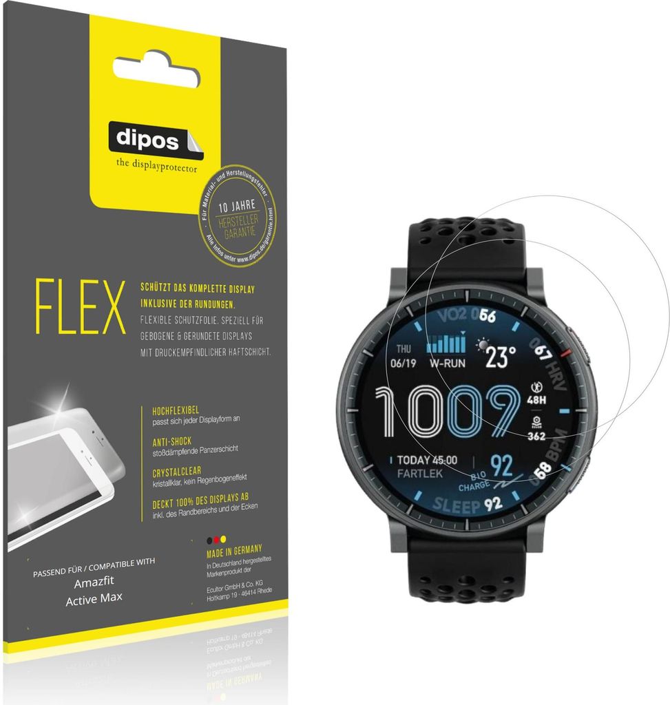 2x Schutzfolie für Amazfit Active Max Folie, 100% Displayabdeckung, dipos Flex