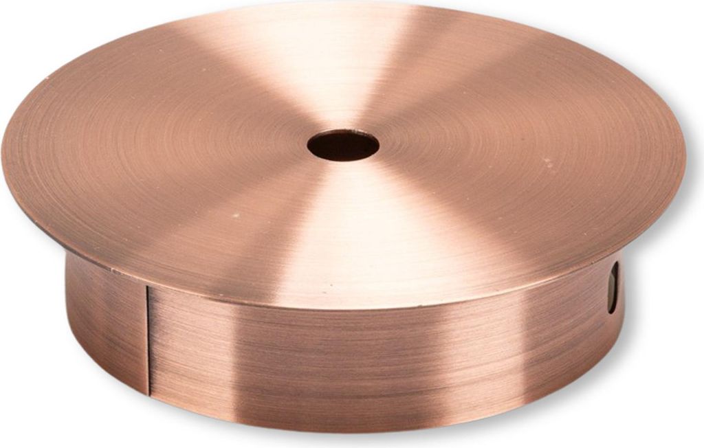 Einflämmiger Lampenbaldachin mit Zugentlastung und Kupferoptik, Ø 100 mm, H: 25 mm.