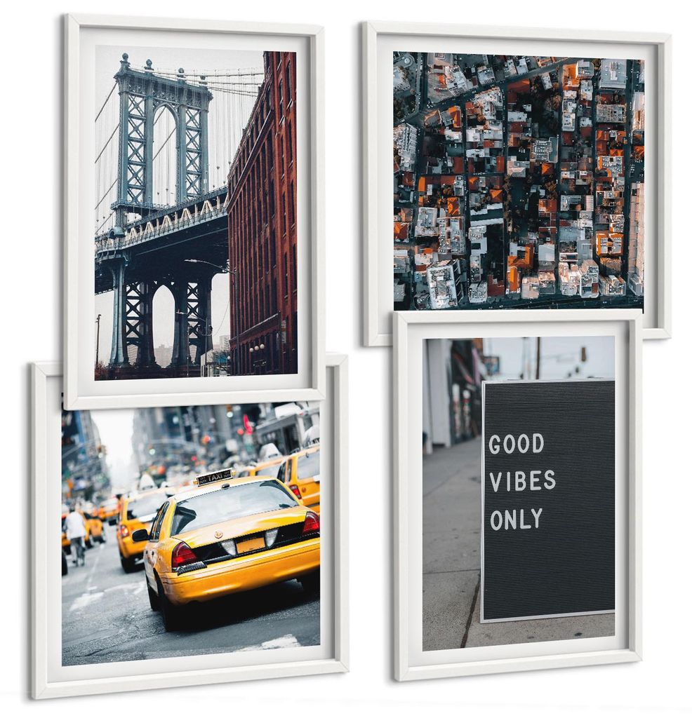 Bilder Set 4-teilig im Goldrahmen Rahmen – Wandbilder 4 Stück – gerahmte Poster für Wohnzimmer, Schlafzimmer und Flur – 50x50 cm - 40x60 cm...