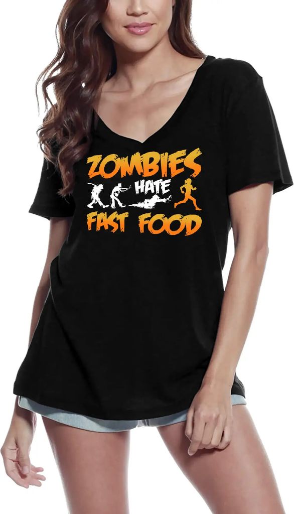Damen Grafik T-Shirt V-Ausschnitt Zombies hassen Fast Food – Zombies Hates Fast Food – Öko-Verantwortlich Vintage Jahrgang Kurzarm Lustige Druck