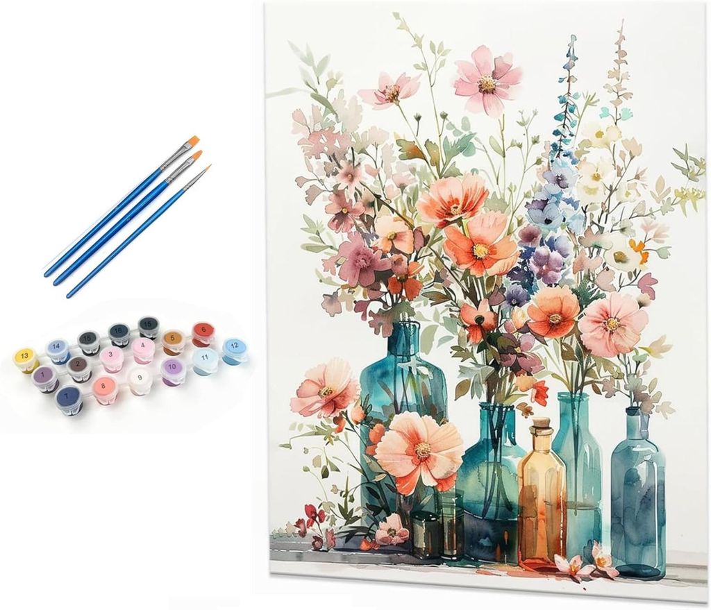 Malen nach Zahlen für Erwachsene, Landschaftsmotiv ohne Rahmen, inklusive Pinsel und Acrylfarben – 40 x 50 cm, Bunte Blumen 3