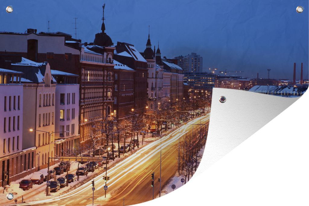 MuchoWow 120x80 cm Outdoor-Poster Gartendeko Sichtschutz Garten Poster für den Garten Helsinki - Straße - Winter