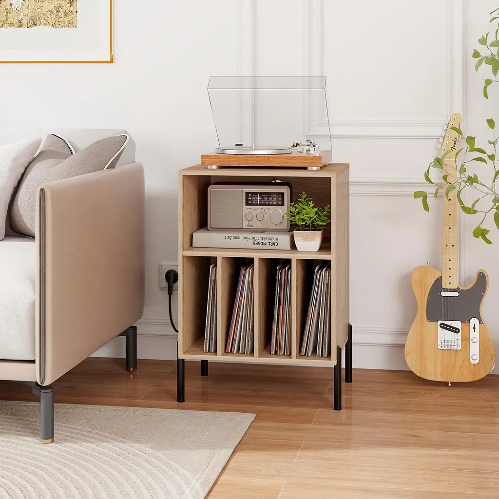 Meuble Vinyle avec Pieds Métalliques et Prises de Courant Intégrées - 2