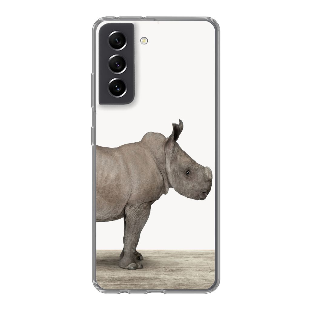 MuchoWow Handyhülle Schutzhülle Hülle für Samsung Galaxy S21 FE Rhinozeros - Tiere - Jungen - Mädchen Silikon Softcase Handy Hülle - Mobilt...