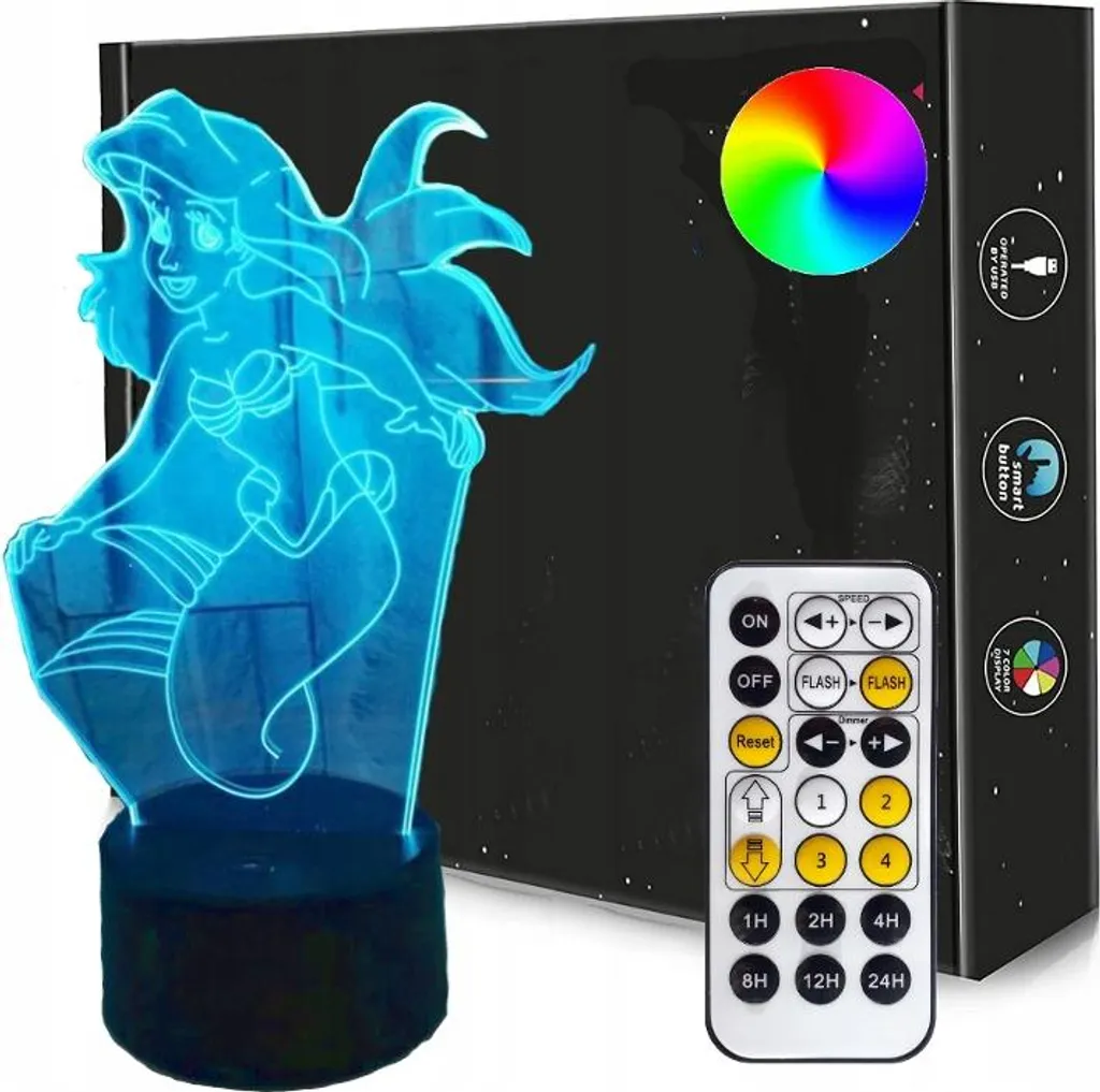 Lampe de chevet enfant Ariel la sirène - Veilleuse 3D 16 couleurs et USB