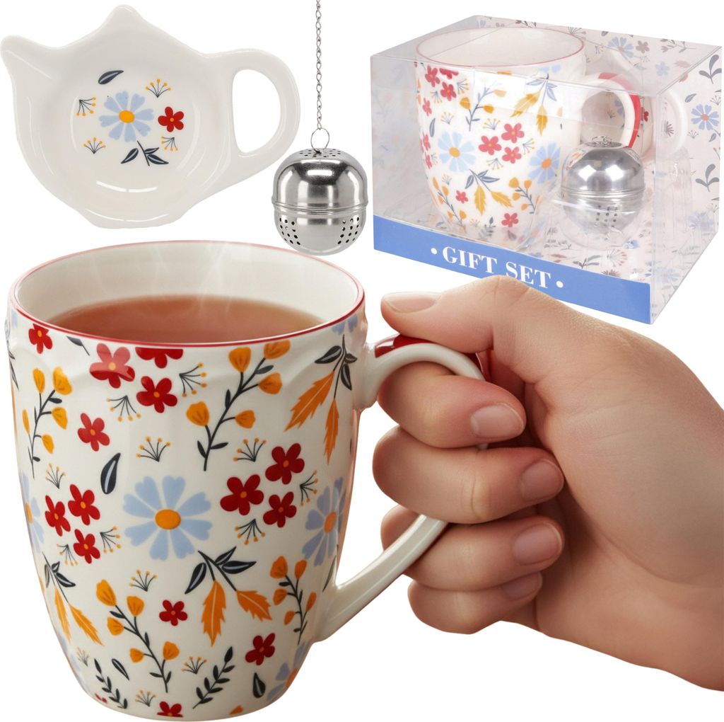 Teeservice: Porzellanbecher 350 ml mit Sieb und Untertasse FÜR KRÄUTER, GESCHENKVERPACKT