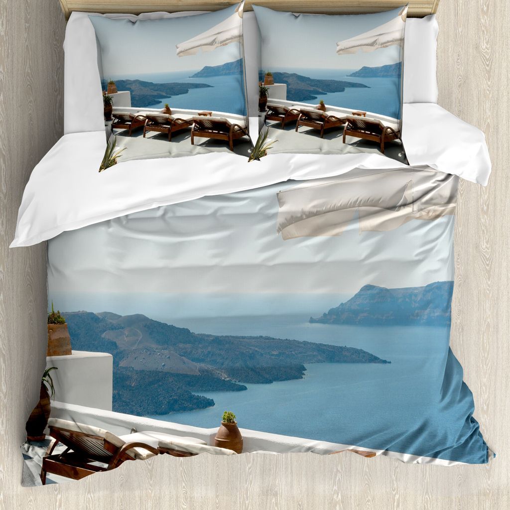 ABAKUHAUS Reise Bettbezug, Blick auf die Caldera Santorini, Milbensicher Allergiker geeignet mit Kissenbezügen, 200 cm x 200 cm - 80 x 80 cm, Blau...