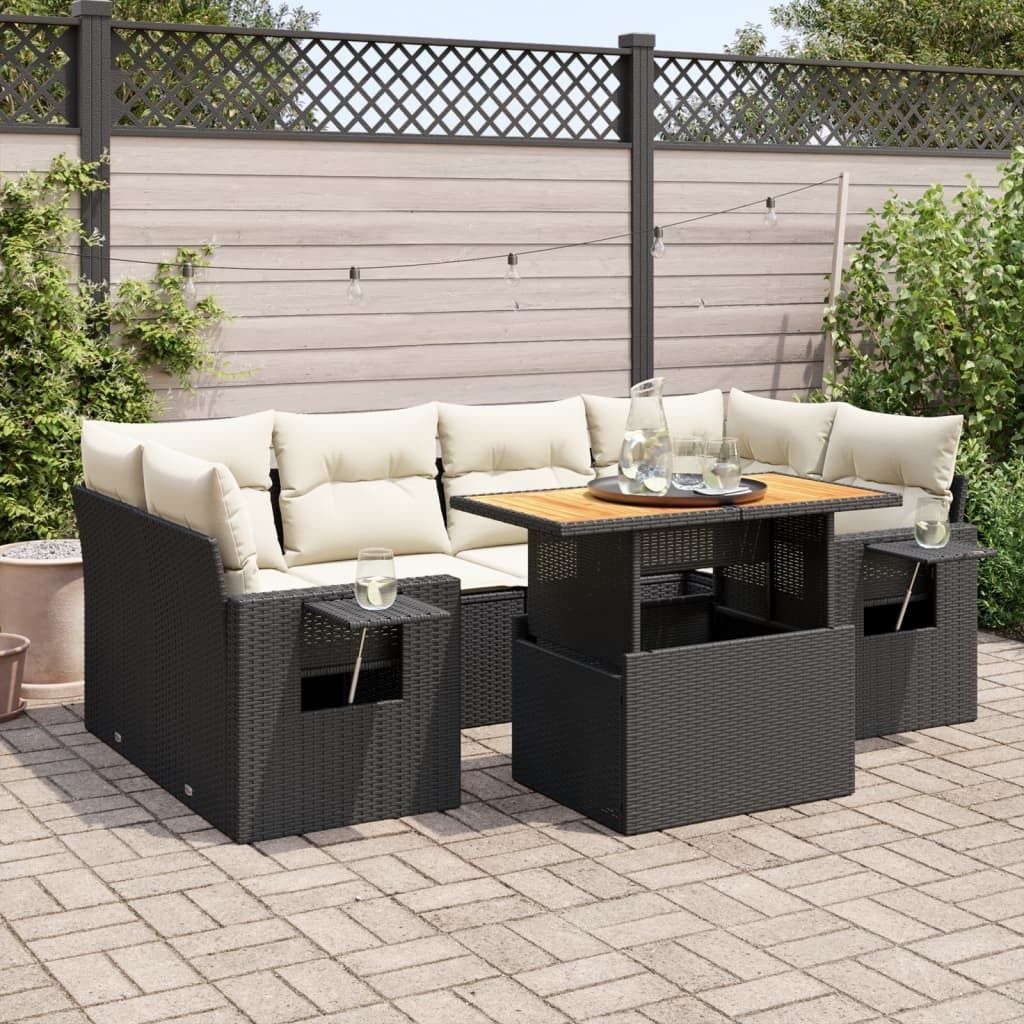 "Rabatt" 7-tlg. Garten-Sofagarnitur - mit sofa - mit Kissen Schwarz Poly Rattan - Lounge-Dining set CC12080