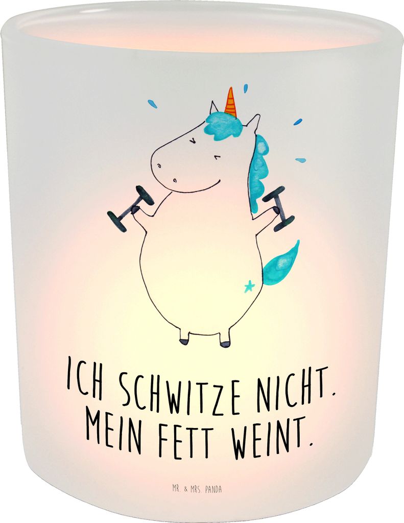 Mr. & Mrs. Panda Windlicht aus Glas Einhorn Fitness - Transparent - Geschenk, Fitnessstudio, Sport, Kerzenhalter, Gym, Unicorn, Einhörner, Geräte
