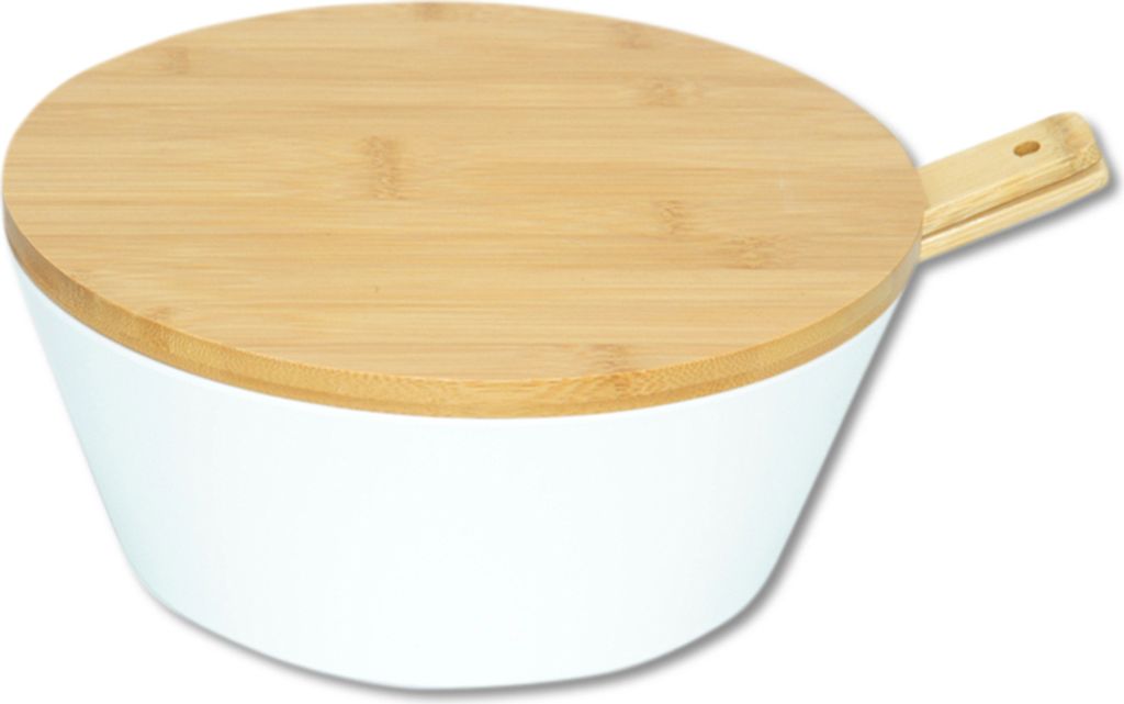 KESPER Obst- & Salatschale Ø 26 cm – Melamin weiß – mit Bambusdeckel & Besteck – 11 cm hoch – moderne Servierschale – Schüssel - 32620