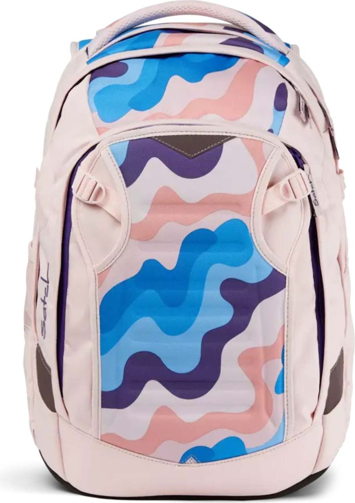 A close-up front view of a backpack with a colorful wavy pattern.