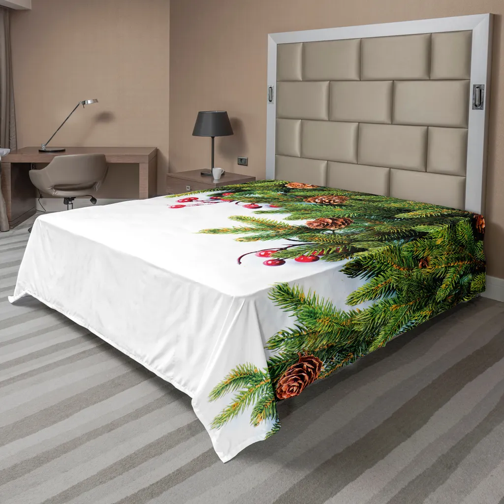 Drap plat Noël microfibre douce motif houx et sapin vert 260x228 cm
