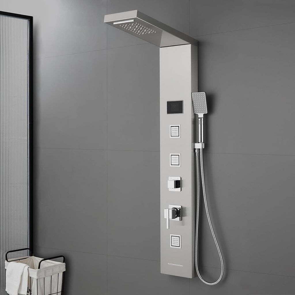LED Duschpaneel mit Armatur, 5 in 1 Duschpaneele Komplett ohne Batterie aus Edelstahl 304, Regendusch, Wasserfall, Handbrause, 3 Massagedusche
