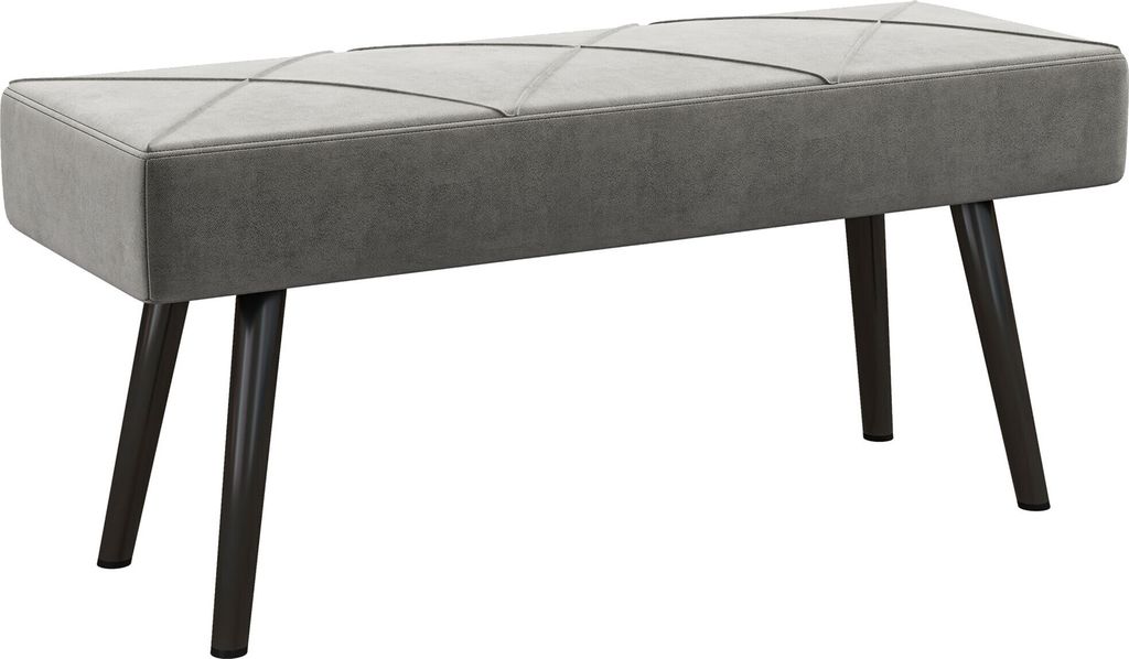 A gray upholstered bench with diamond stitching on a white background.